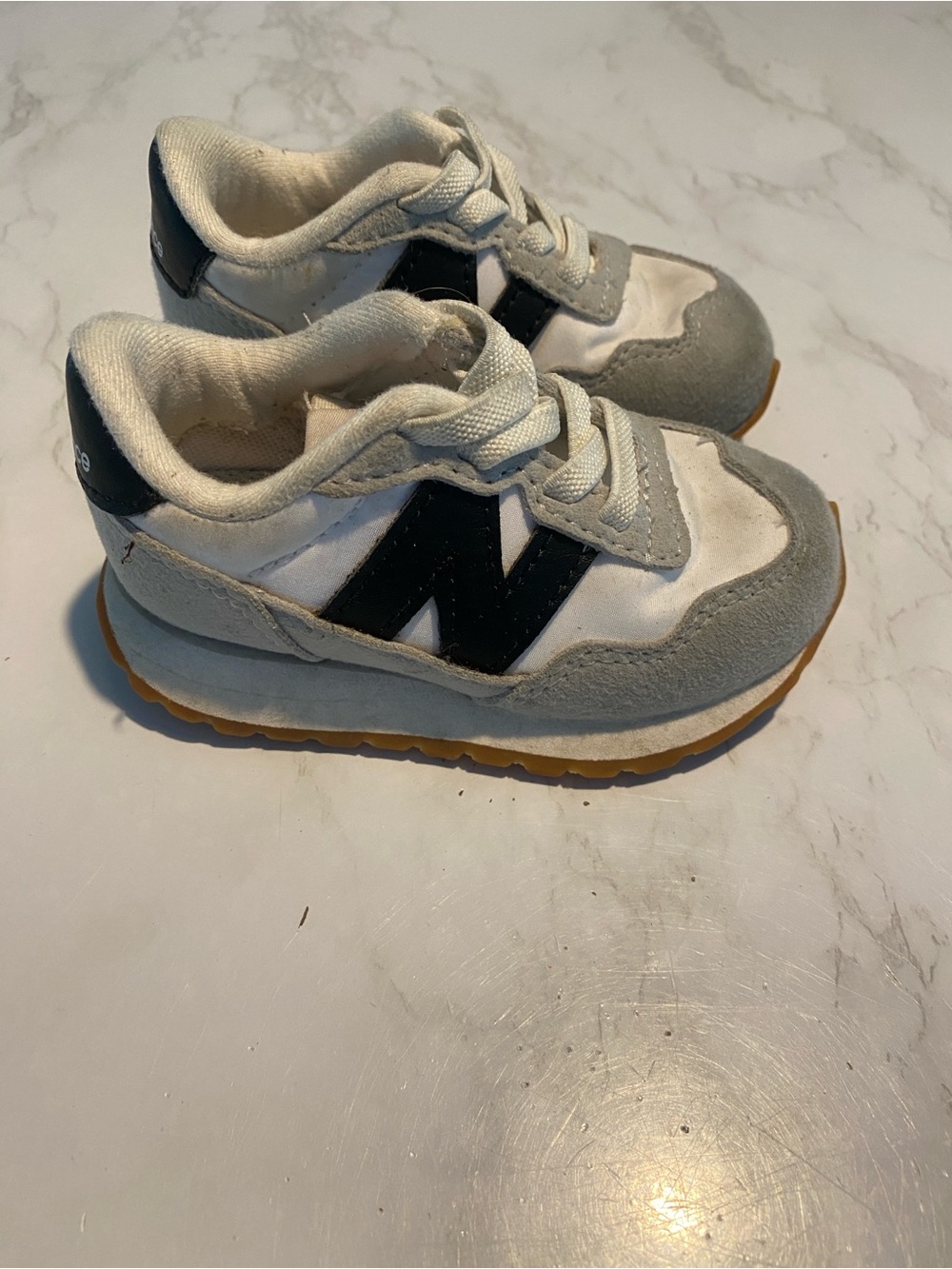 New Balance Kids White & Gray Sneakers with Black 'N'
